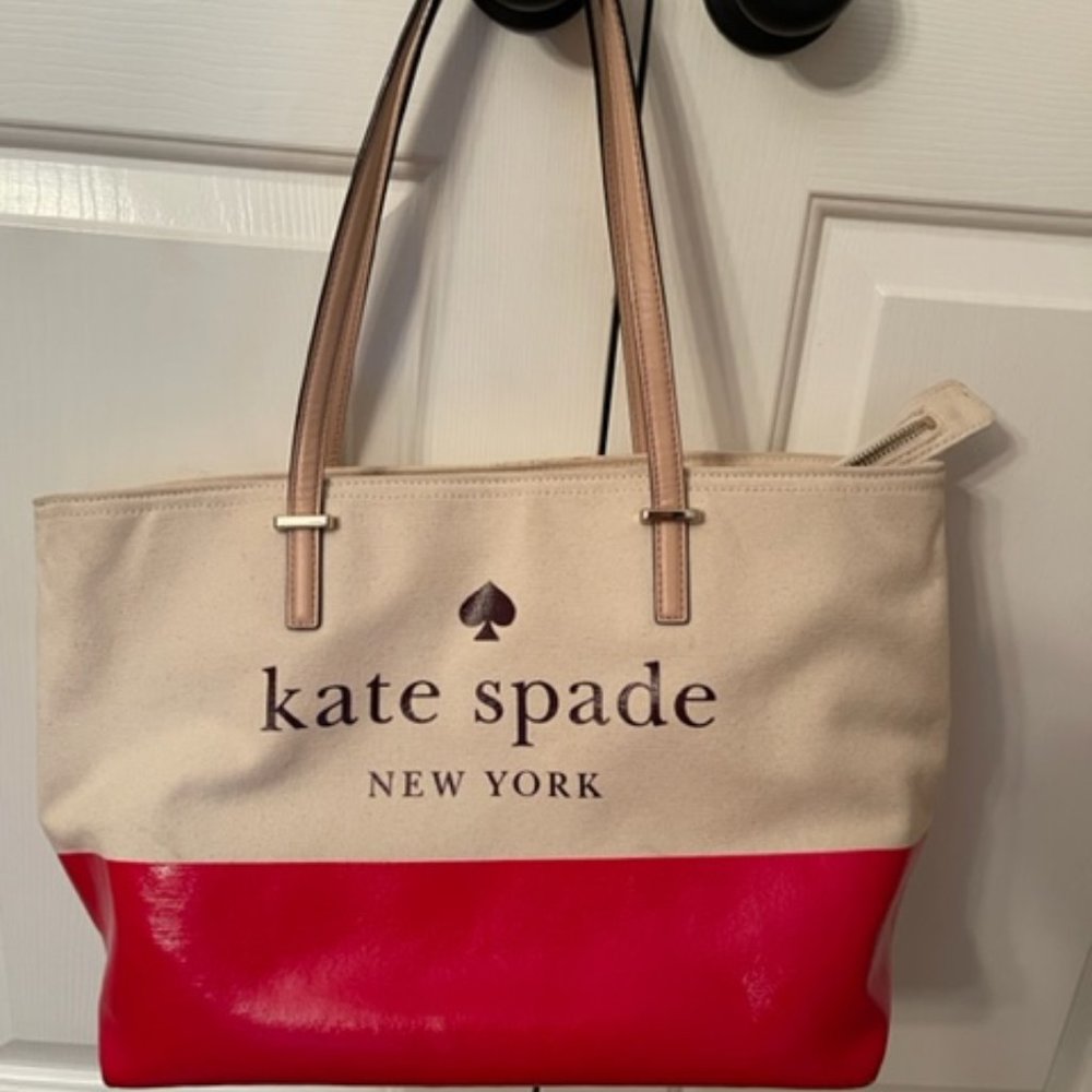 Kate Spade Remmi  Large Zip Tote Bag Canvas Beige Red  $249